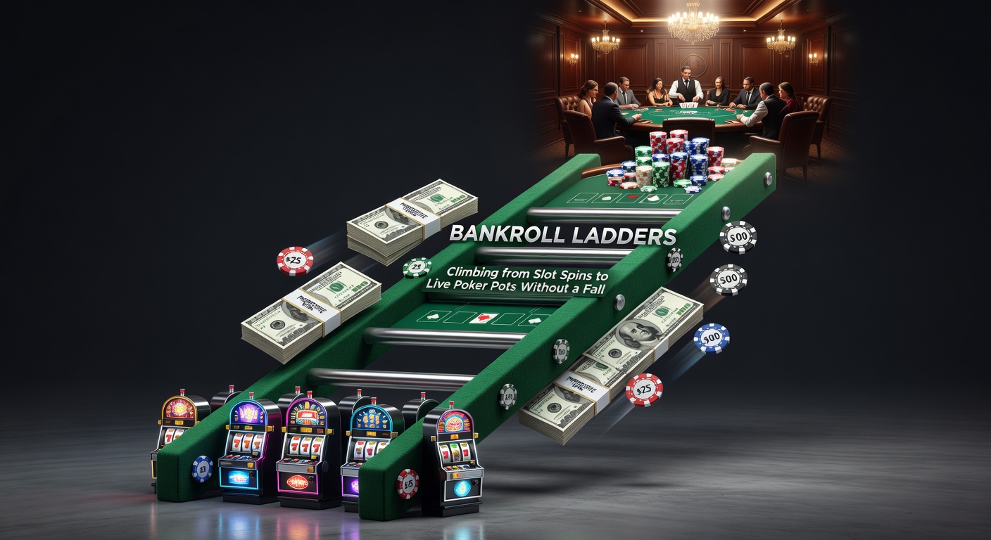 Grafik einer aufsteigenden Leiter mit Symbolen für Slots, Tischspiele und Poker-Chips, die den Bankroll-Aufbau visualisiert