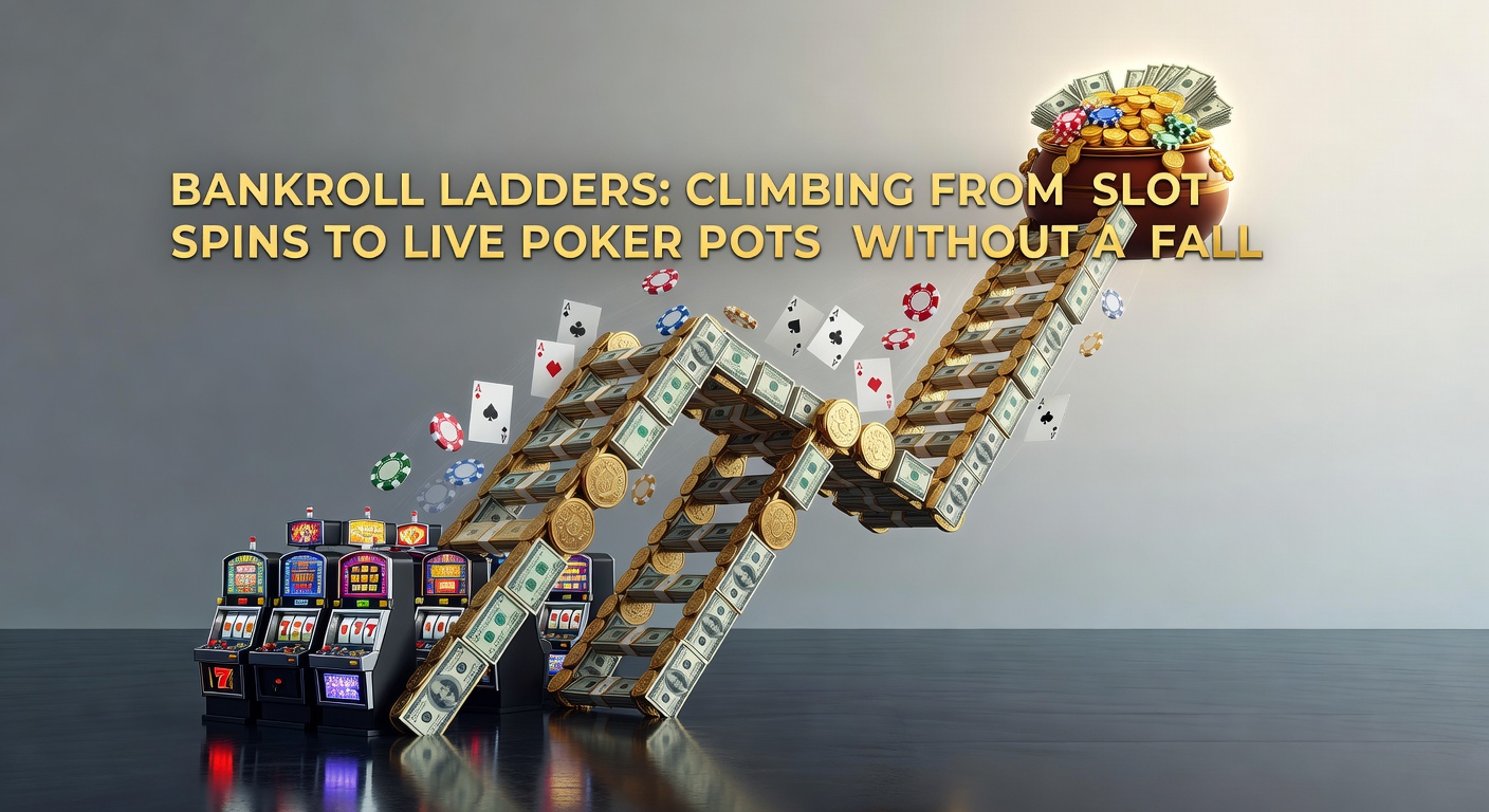 Detaillierte Infografik mit Stufen einer Bankroll-Leiter, Slots unten, Poker oben, mit Prozentsätzen und Beispielen für Einsätze