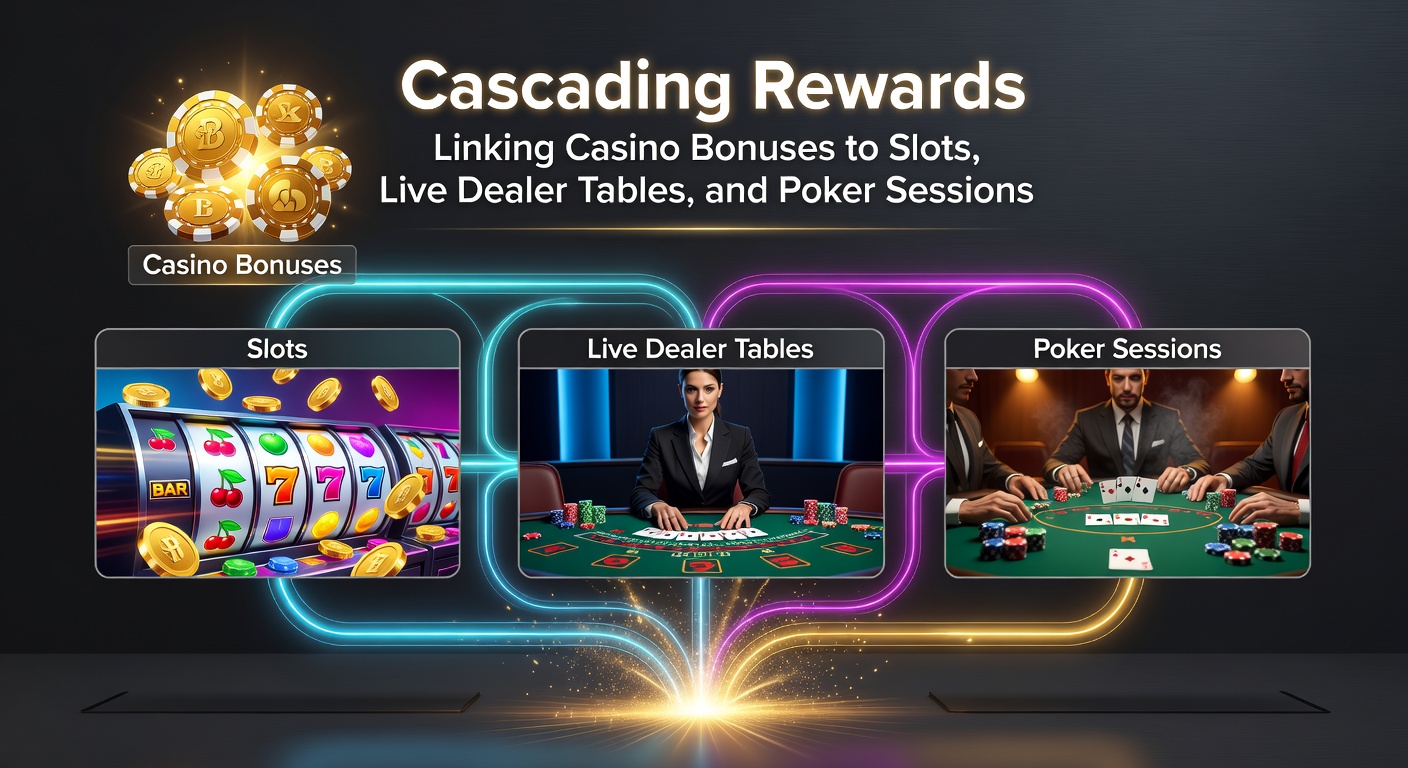 Grafik zeigt kaskadierende Boni von Slots zu Live-Tischen und Poker, mit fallenden Münzen und verbundenen Spielelementen