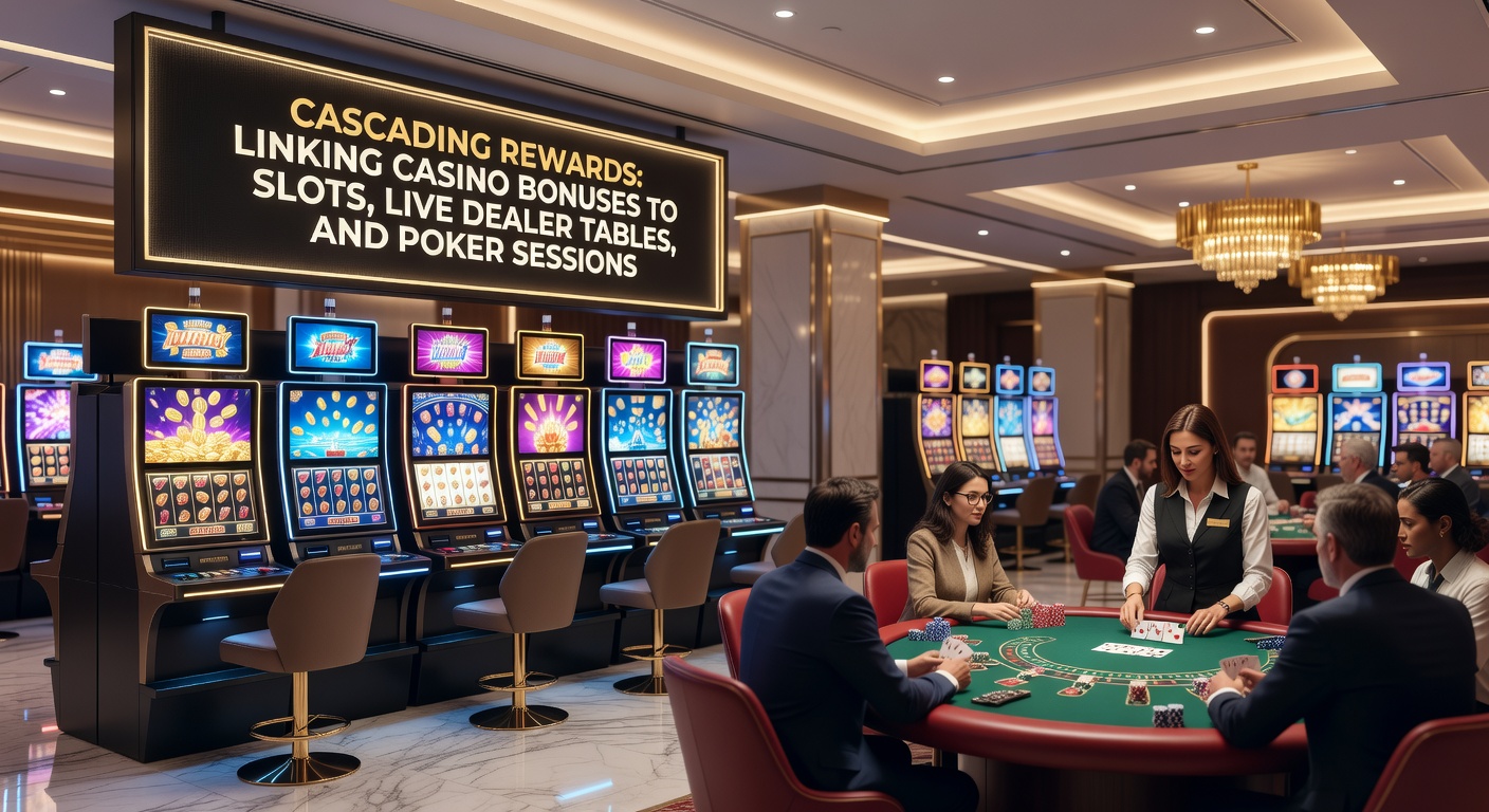 Detaillierte Darstellung eines Spielers, der Boni von Slot-Walzen zu einem Live-Blackjack-Tisch und Poker-Chip-Stacks leitet, mit Pfeilen für den Fluss