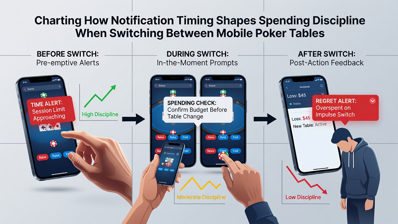 Grafiken illustrieren Auswirkungen von Benachrichtigungs-Timing auf Ausgabendisziplin bei mobilen Casino-Wechseln
