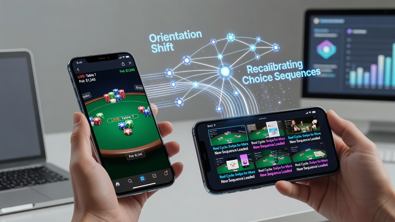 Darstellung eines Smartphones mit wechselnder Bildschirmausrichtung zwischen Live-Dealer-Stream und Slot-Walzen in einer Casino-App
