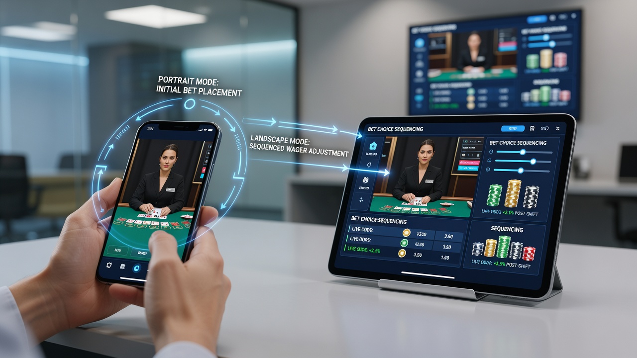 Illustration von Live-Dealer- und Slot-Interfaces bei verschiedenen Geräteausrichtungen