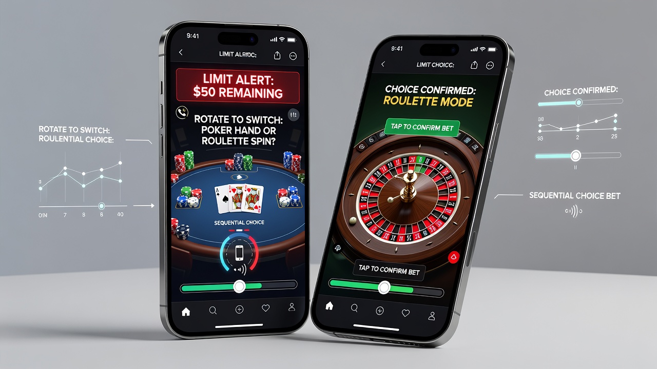 Mobile Geräte in verschiedenen Ausrichtungen während Poker- und Roulette-Sitzungen mit sichtbaren Limit-Alarmen