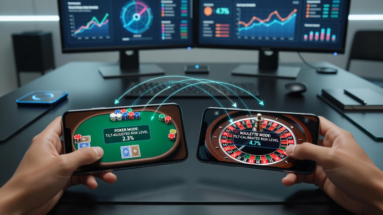 Detailansicht eines Smartphones mit Neigungssensoren während des Wechsels zwischen Poker und Roulette in einer Casino-App