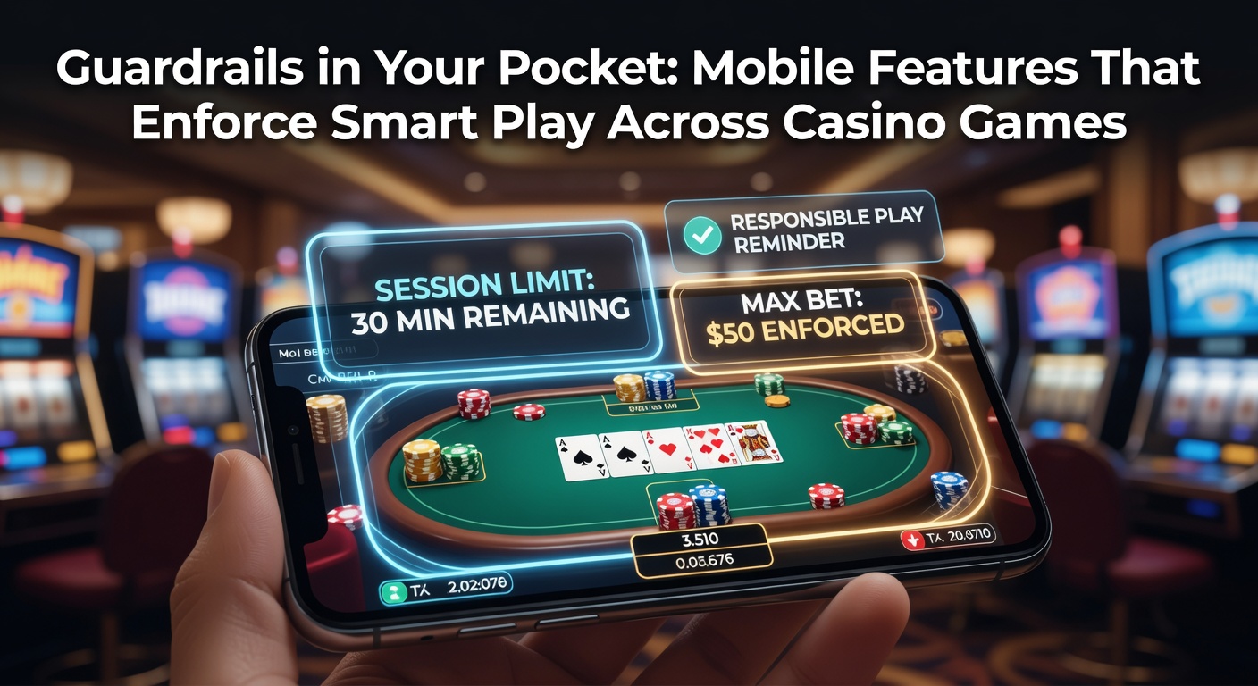 Smartphone mit Casino-App, die Limits und Reality-Checks anzeigt, während ein Spieler Slots dreht