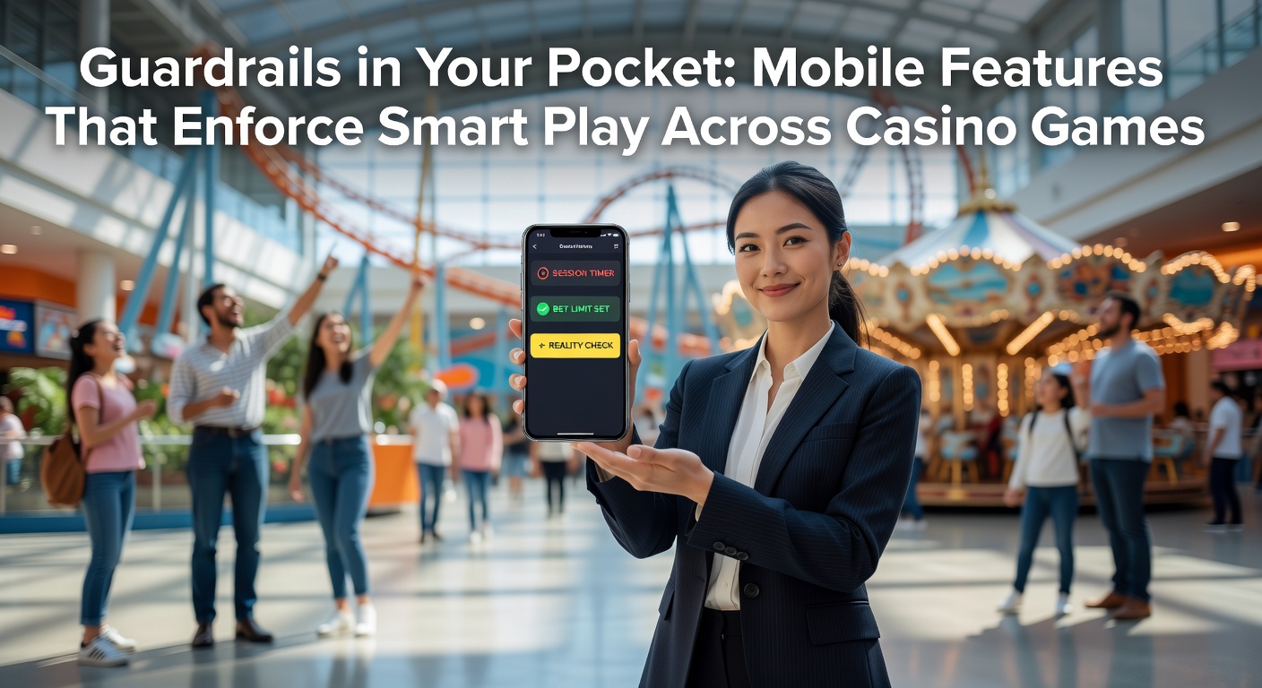 Casino-Spieler am Smartphone, das ein Pop-up mit Einzahlungslimit und Reality-Check zeigt, neben einem Blackjack-Tisch