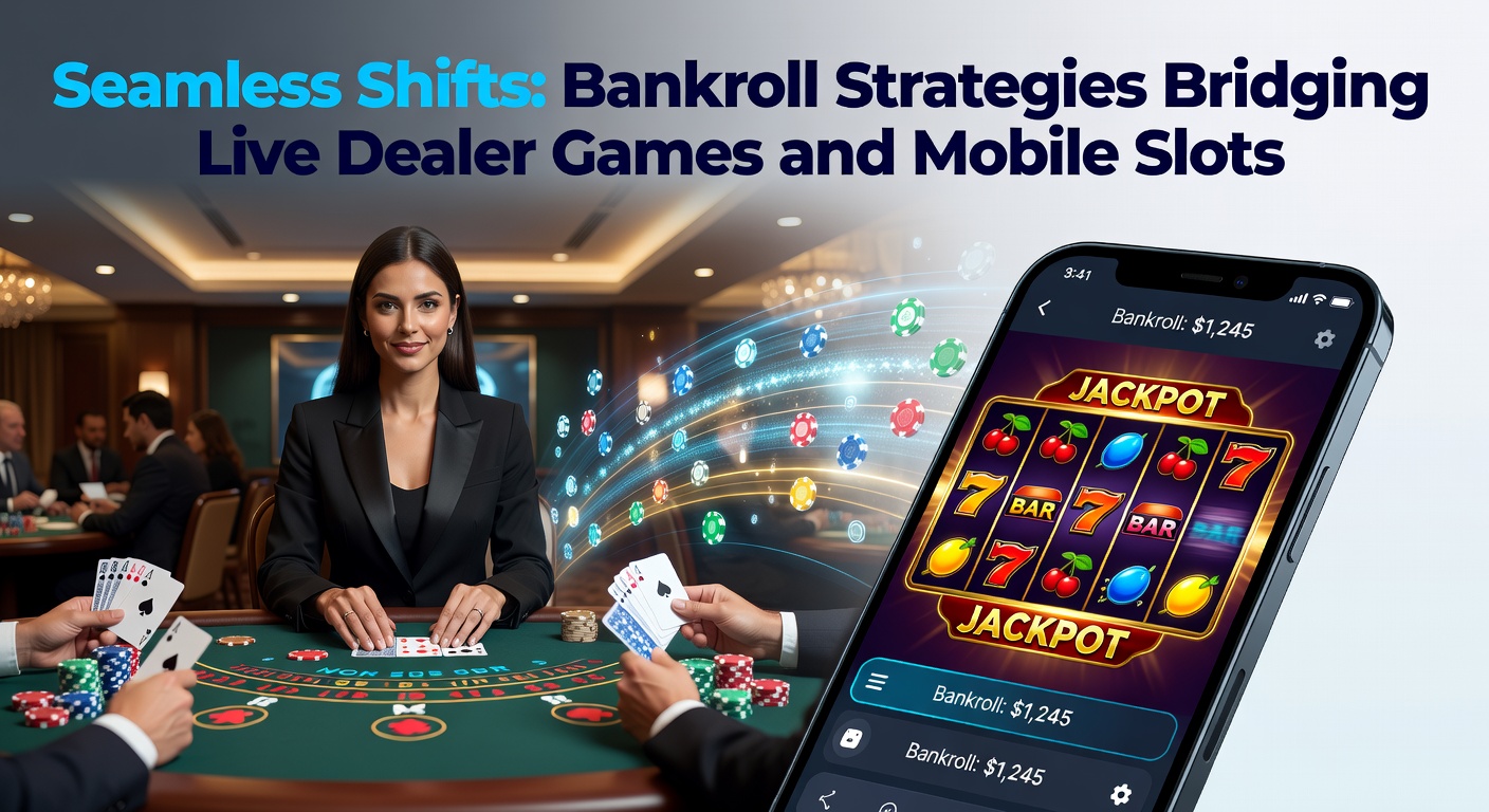 Grafik zeigt einen Spieler, der nahtlos zwischen Live-Dealer-Tisch und Mobile-Slot-App wechselt, mit Bankroll-Diagrammen im Hintergrund