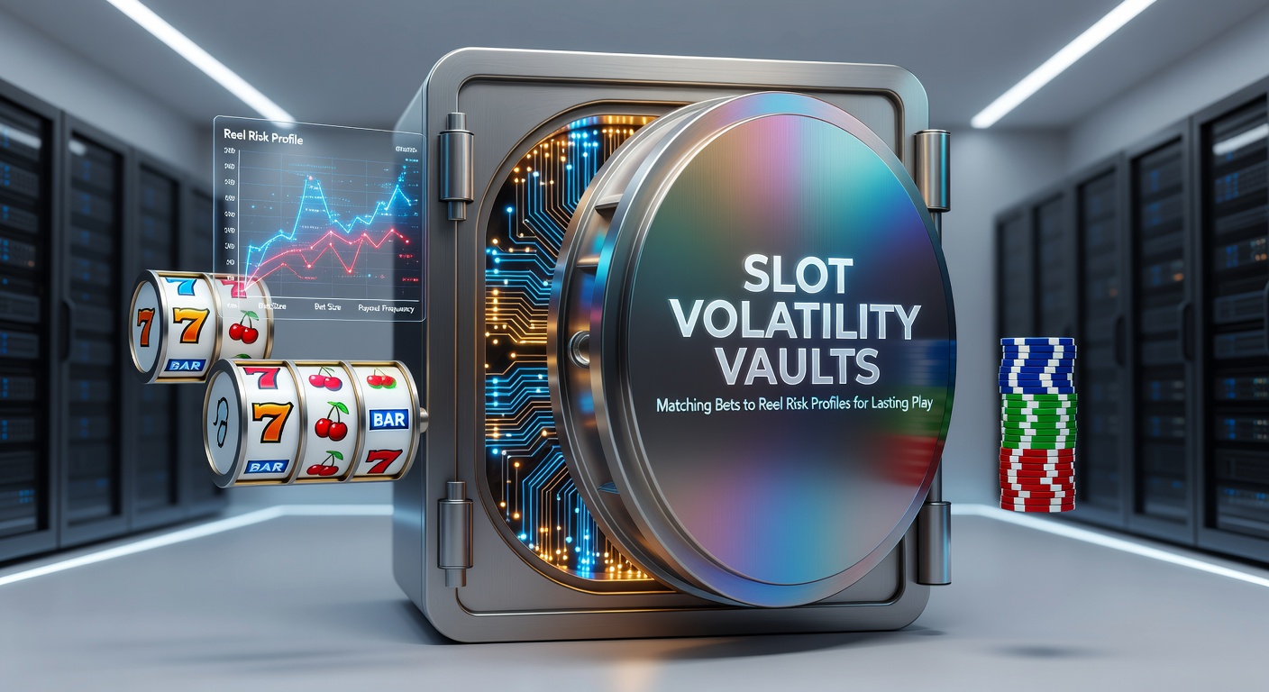 Bunte Darstellung eines Slot-Automaten mit Volatilitäts-Indikatoren und Bankroll-Management-Symbolen, die niedrige, mittlere und hohe Risikostufen visualisieren