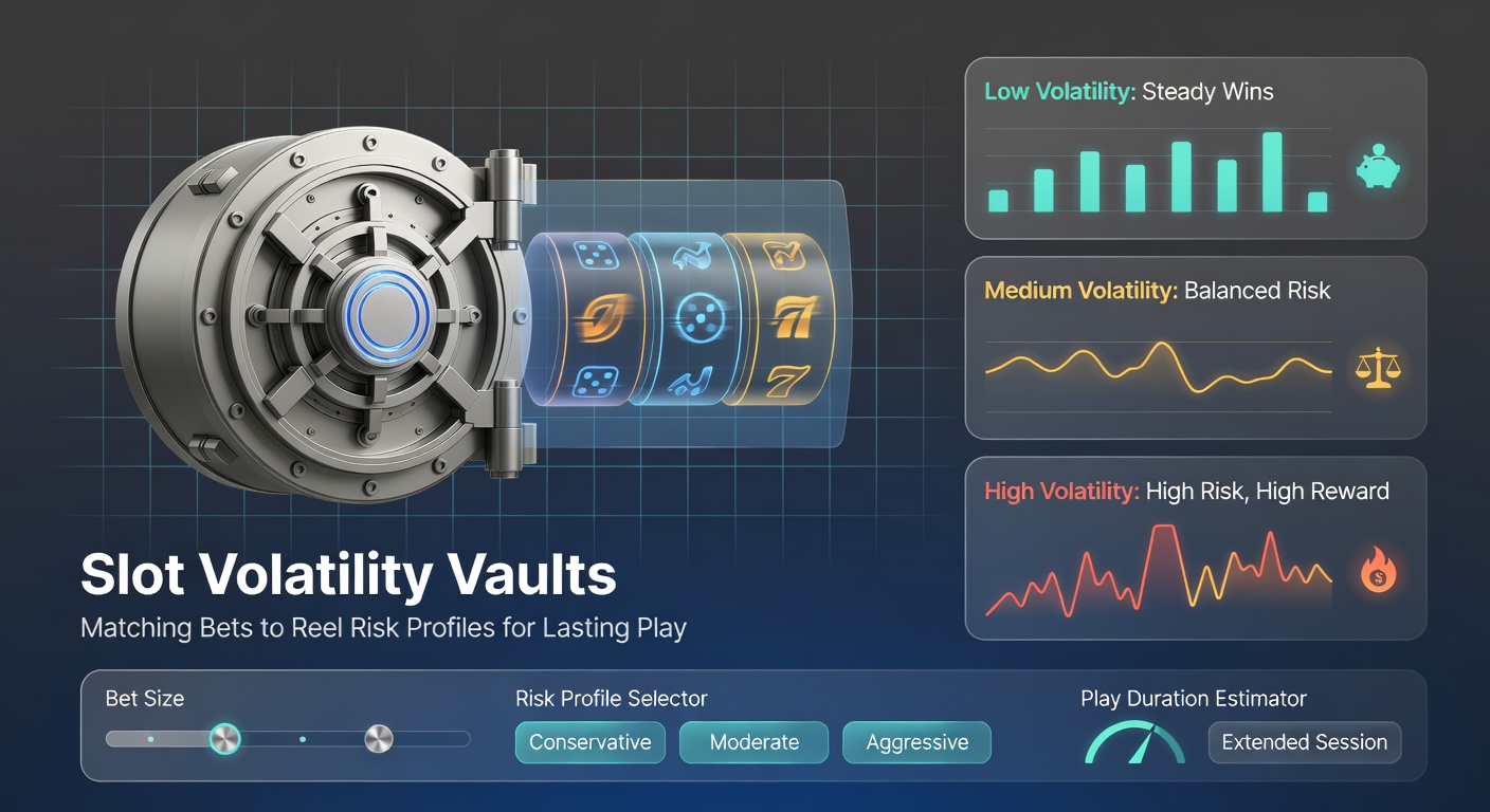 Detaillierte Infografik zu Volatility Vaults mit Tabellen für Einsatzanpassungen bei low-, mid- und high-volatility-Slots sowie Bankroll-Beispielen für verschiedene Profile