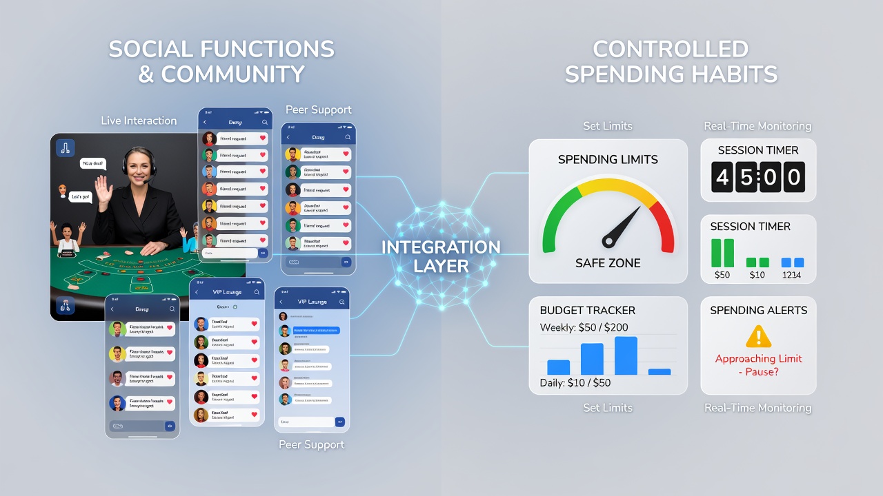 Spieler in einer mobilen Live-Dealer-Sitzung mit geteilten Budget-Statistiken und sozialen Interaktionen